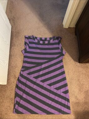 Nine West Purple and dark grey Striped Cap-Sleeve Mini Dress